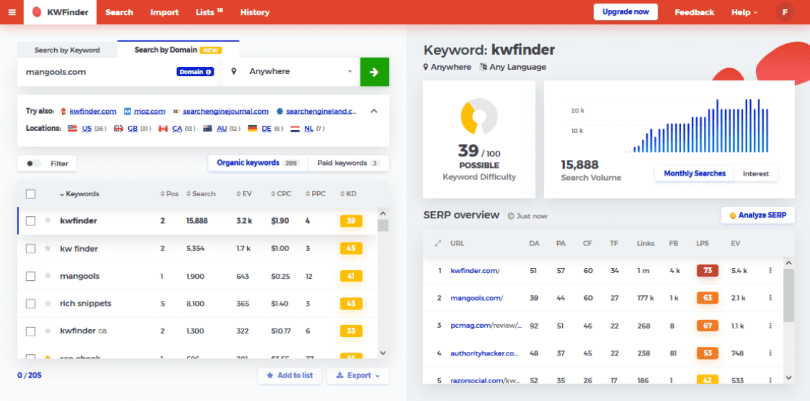 Kwfinder Keyword Research Tool