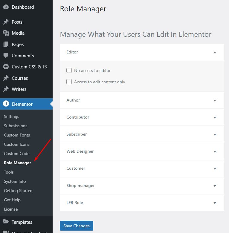 Elementor User Role Permissions Manager