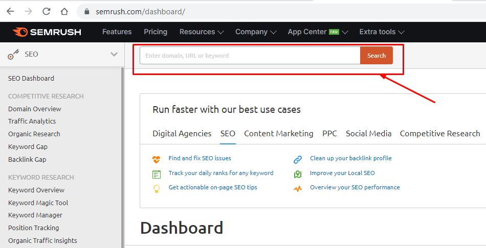 SEMrush Searchbar for Keyword, URL and Domain