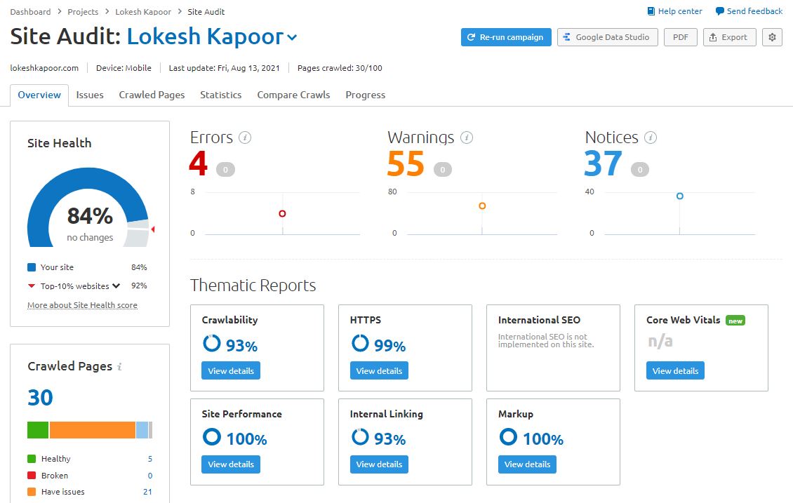 SEMrush Site Audit Feature