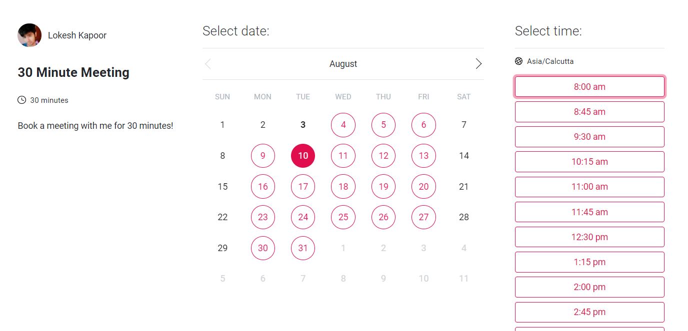 Tidycal Booking Screen