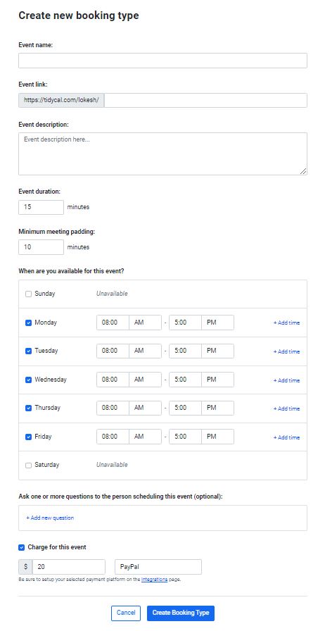 Tidycal Creating New Booking Type