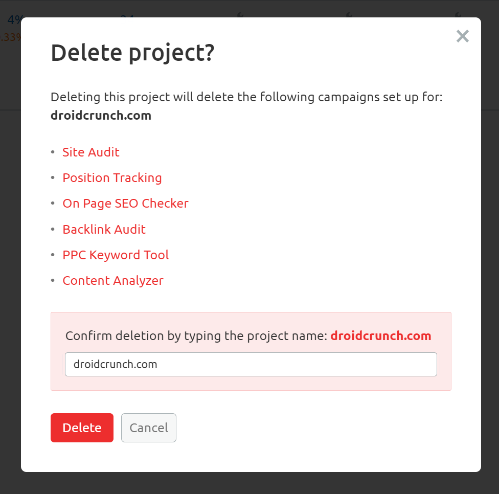 How to delete project in SEMrush