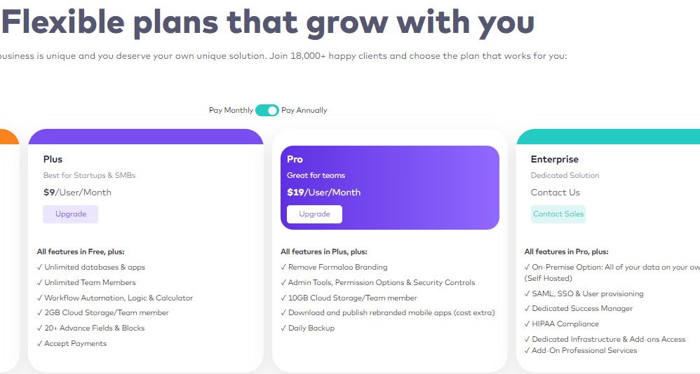 Pricing and Plans by Formaloo