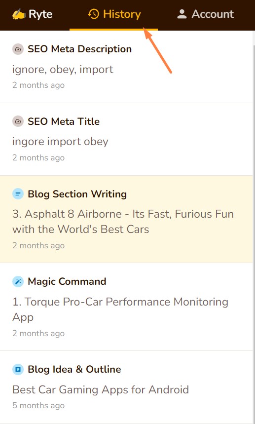 Rytr.me History Feature