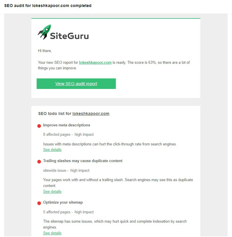 Siteguru Audit Email