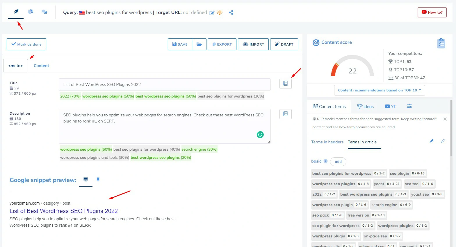 Content Editing Interface in NeuronWriter