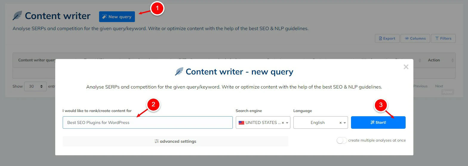 Create New Query in NeuronWriter