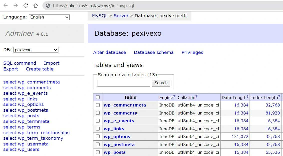 Database Editor in InstaWP