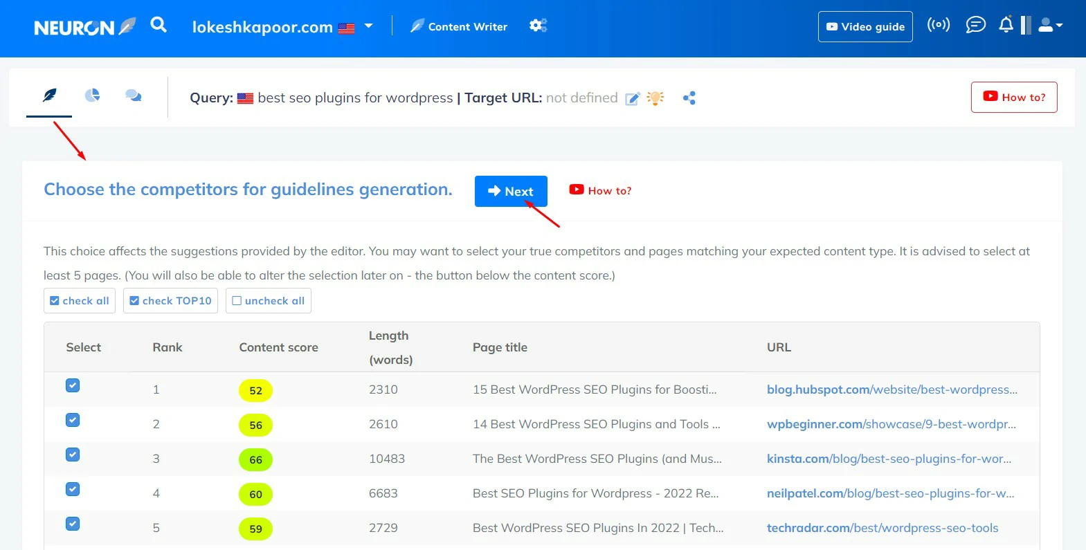 NeuronWriter Choosing the Competitors