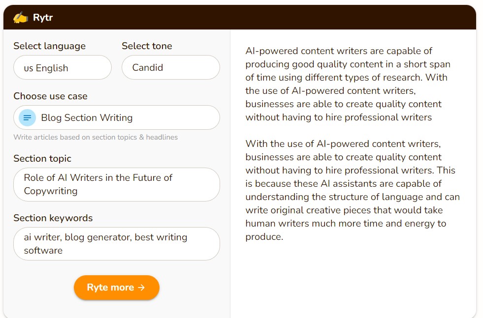 Rytr blog section writing 