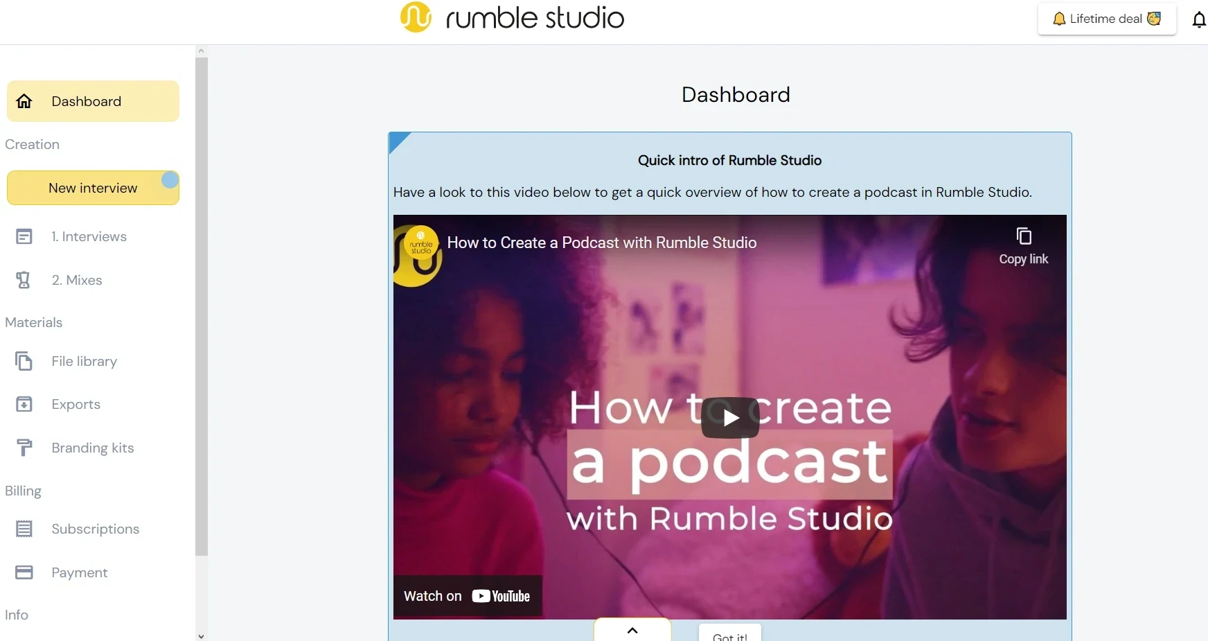 Rumble studios dashboard