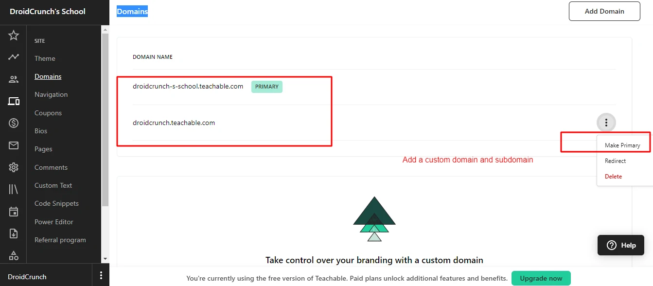 Teachable Add Custom Domain And Subdomain