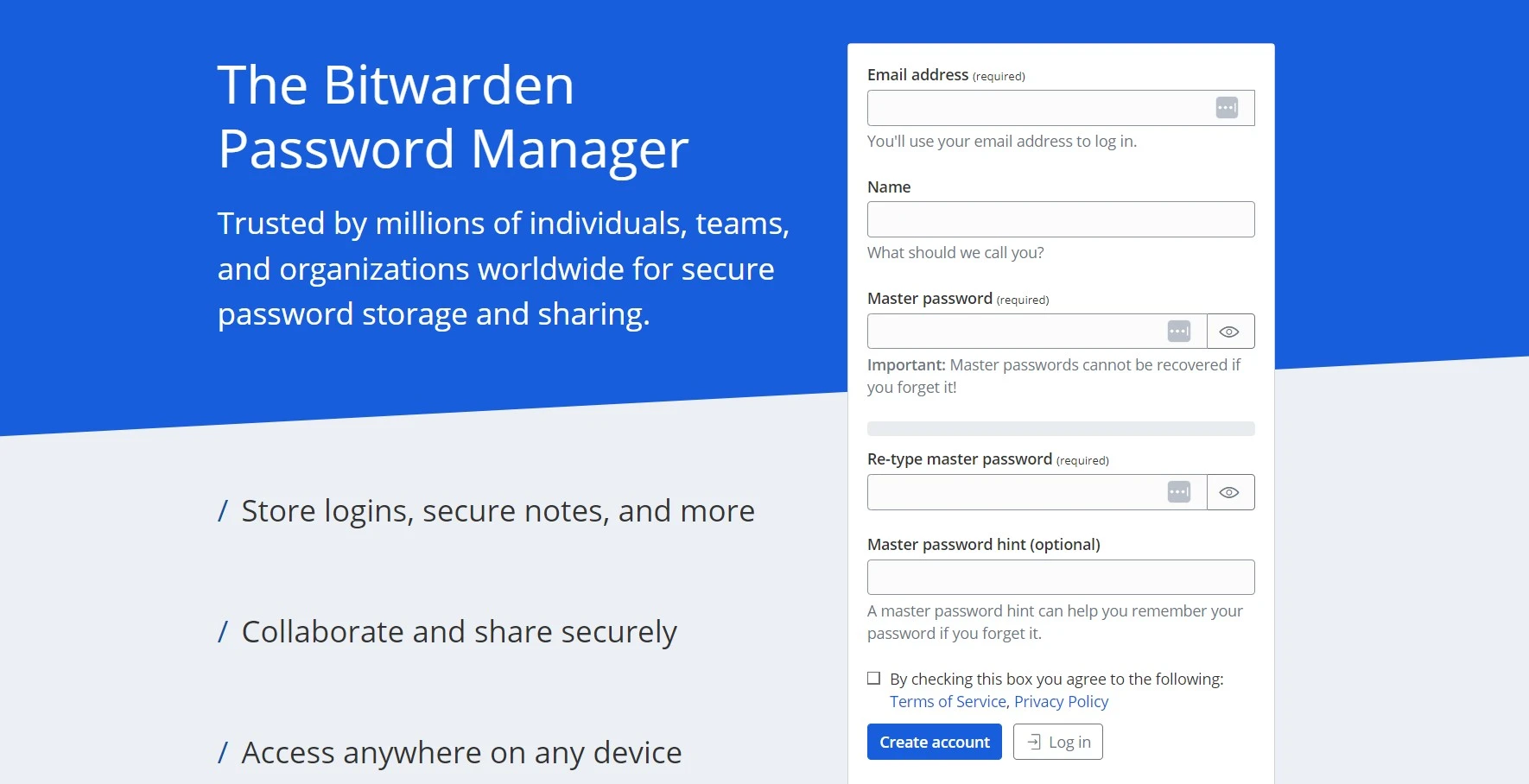 Bitwarden account creation