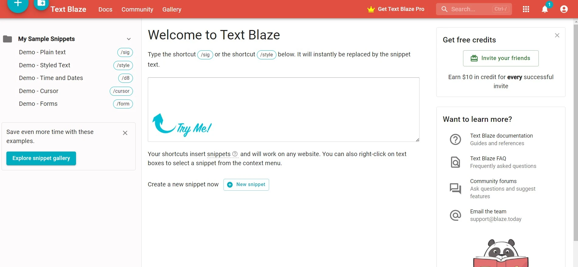 Text blaze dashboard