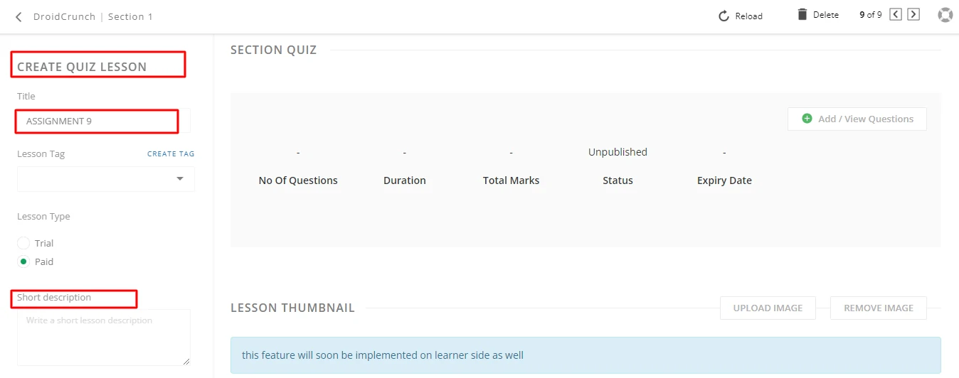 Learnyst Features Quiz Lesson Assigment