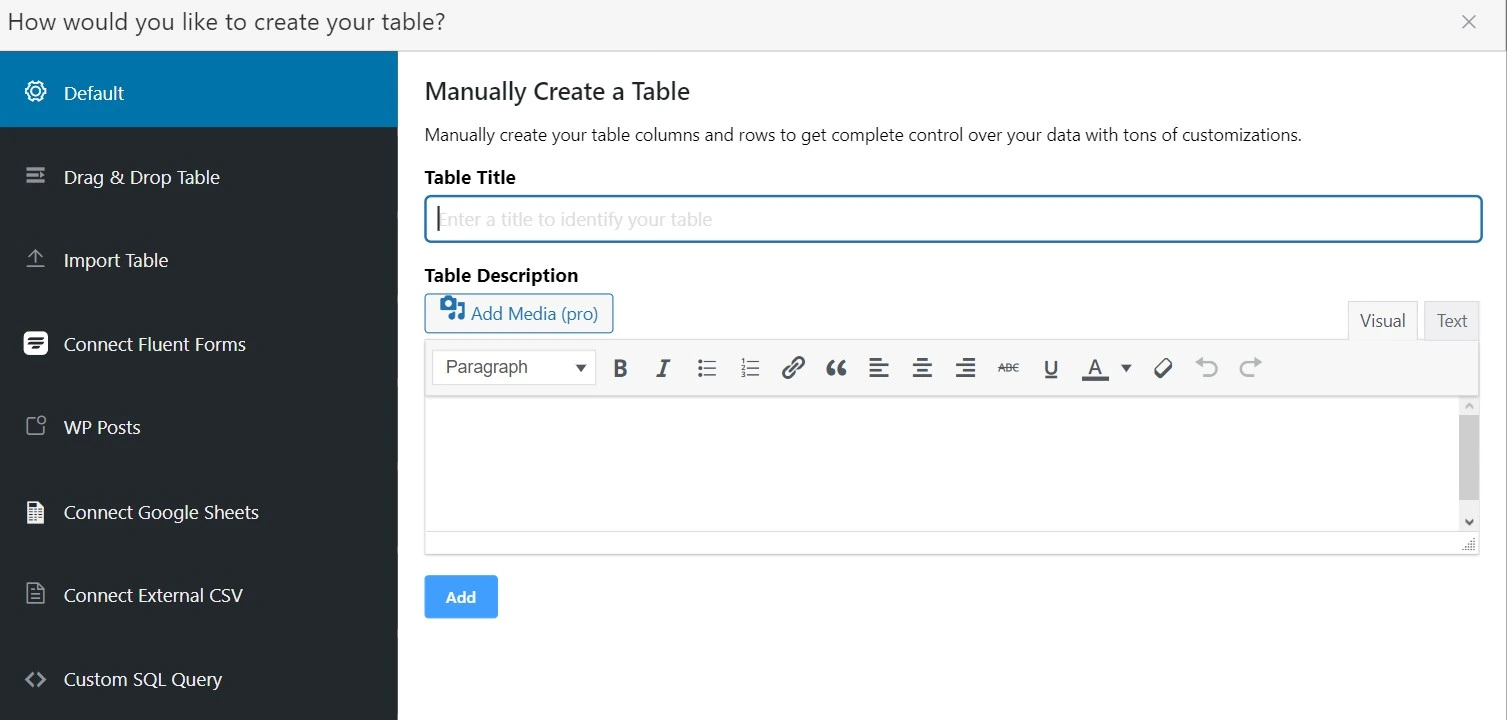 Manually create a table in ninja tables