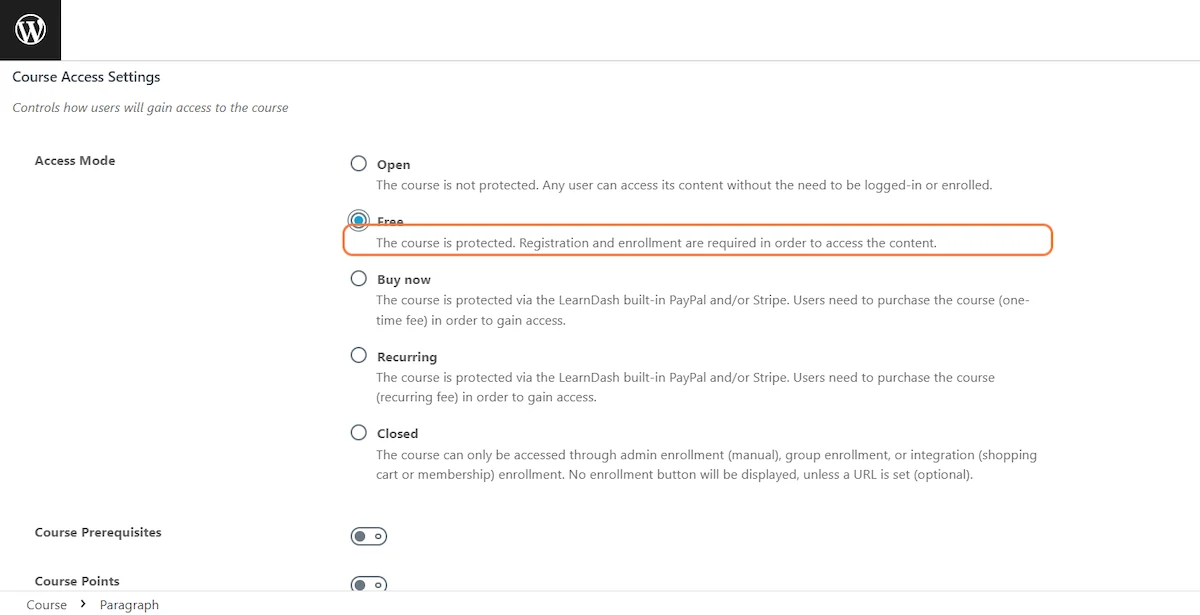 Learndash Course Access Mode