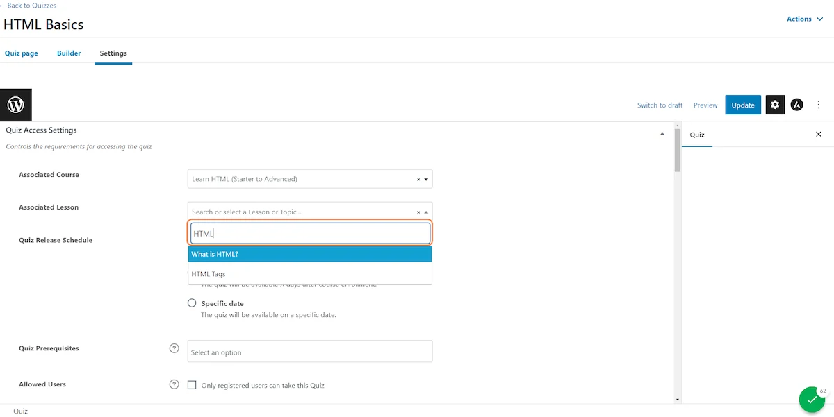 Learndash Quiz Settings