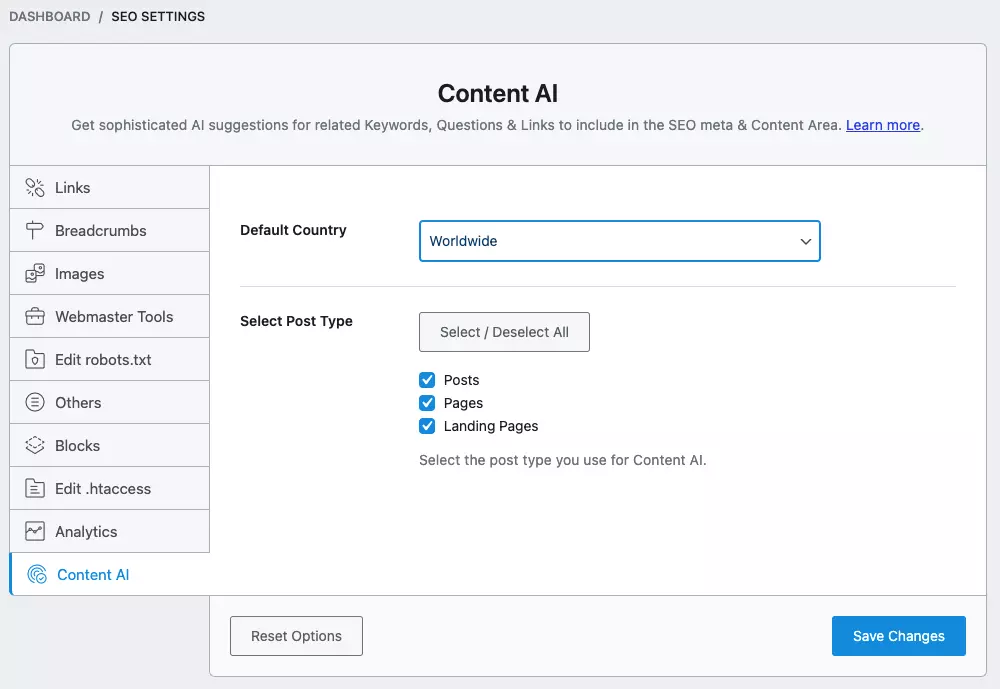 Rank Math Content AI Settings