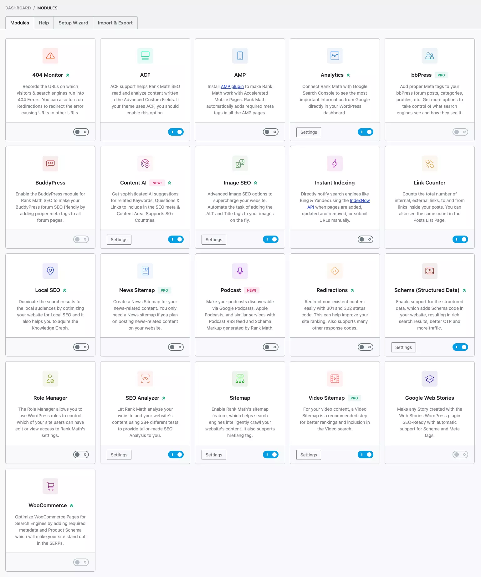 Rank Math Modules Dashboard