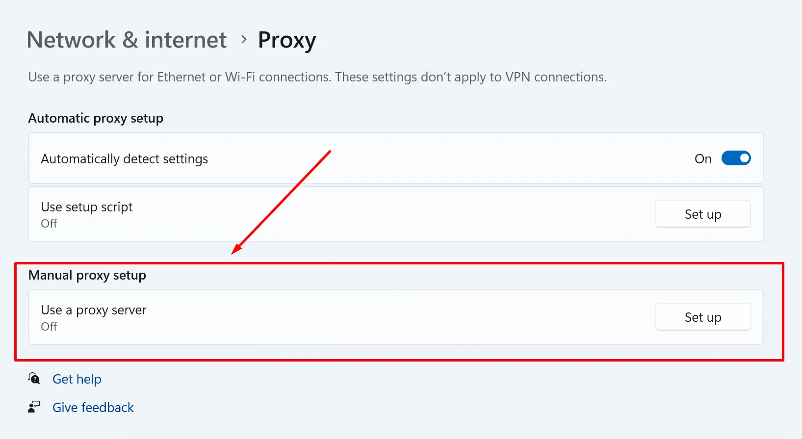 Opening Manual Proxy Setup