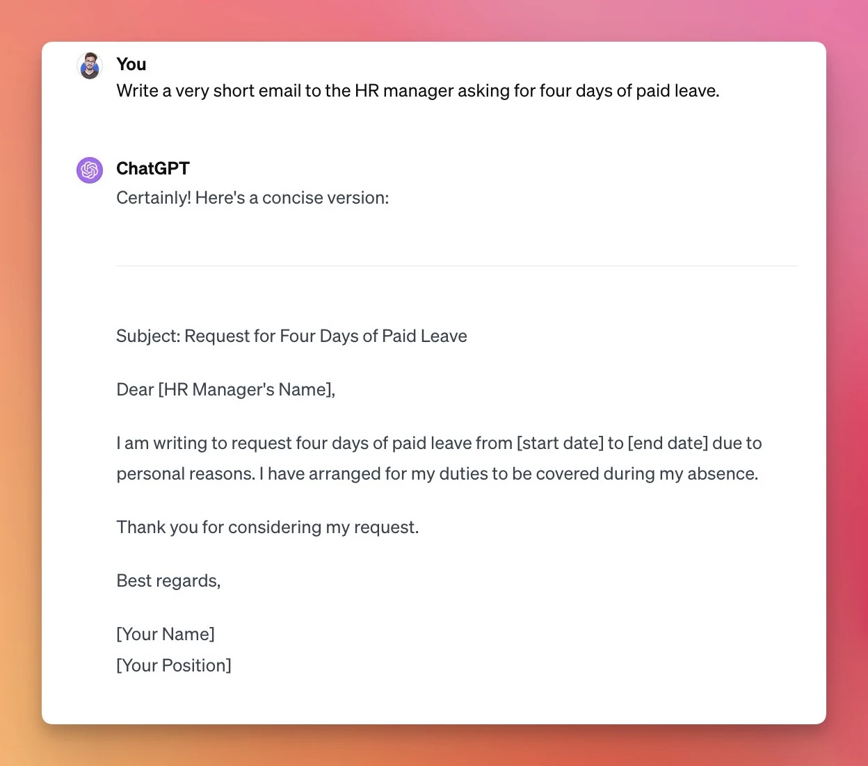Writing an Email to HR for Paid Leave using ChatGPT